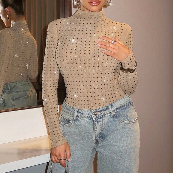 Khaki Casual Women's Stand Collar Long Sleeve Rhinestone Decorated Bodysuit - Picture 5 of 5